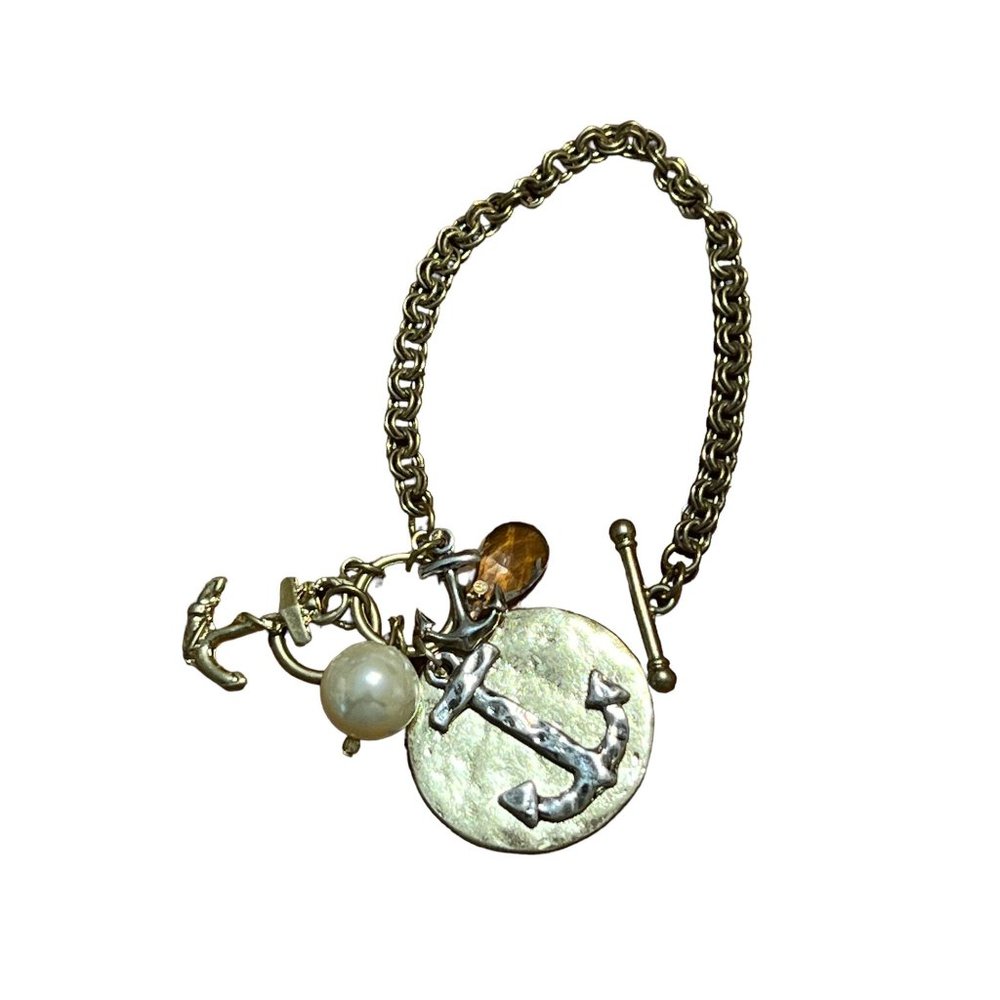 Gold Tone Nautical Bracelet Anchors Faux Pearl Toggle Clasp 7" & 7.5"